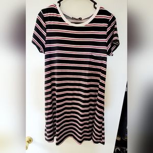 Navy, Red, White Stripped T-shirt Dress W/ Pocket on front. Size Lg.